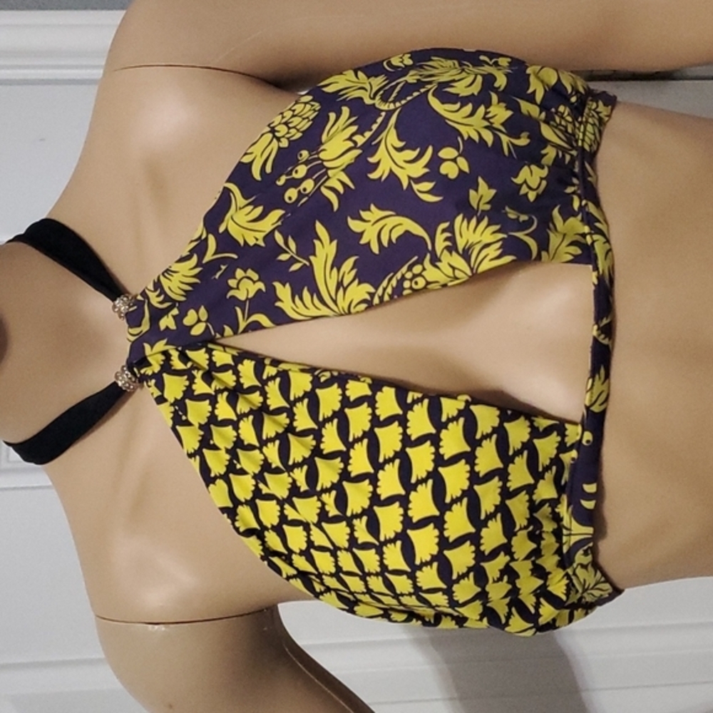 EUC Yellow & Purple Patterned Halter Bikini Top 🌈